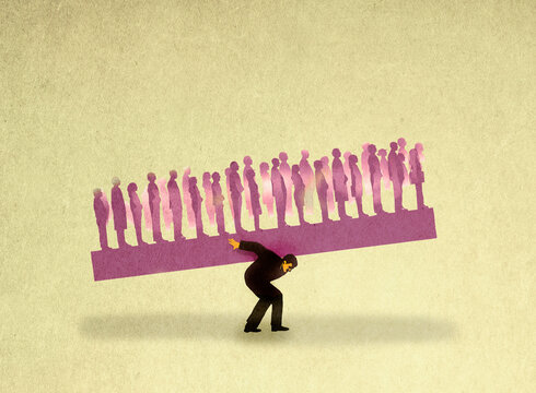 Illustration of man carrying group of people