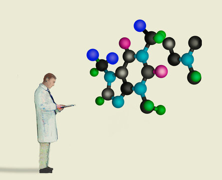 Illustration of scientist studying oversized molecules