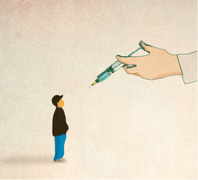 Illustration of boy confronting oversized hand holding syringe
