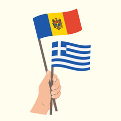 Flags of Moldova and Greece, Hand Holding flags