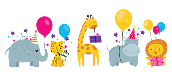 Happy birthday concept animal vector set. Collection of adorable wildlife, elephant, tiger. Birthday party funny animal character illustration for greeting card, invitation, kid, education, prints. - obrazy, fototapety, plakaty