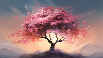  a cherry blossom tree in full bloom, with the delicate pink petals scattered around the tree and the sun setting in the background. generative ai.