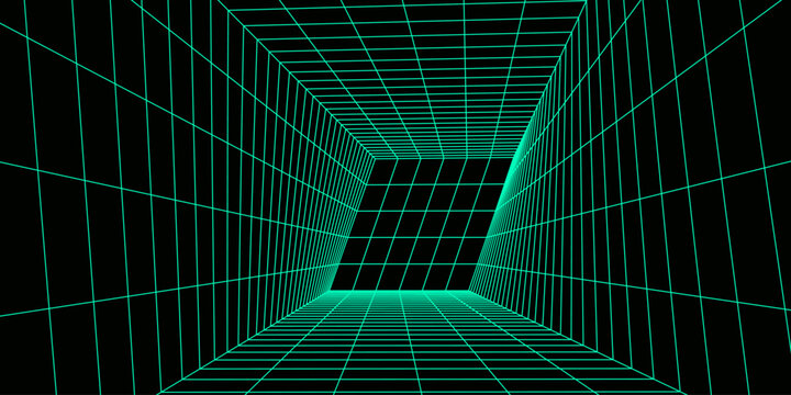 3D wireframe room on green background. Abstract perspective grid. Vector illustration.