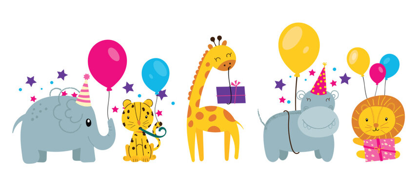 Happy birthday concept animal vector set. Collection of adorable wildlife, elephant, tiger. Birthday party funny animal character illustration for greeting card, invitation, kid, education, prints.