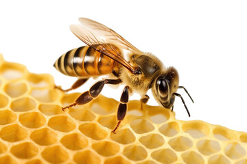 A bee sits on a honeycomb - a jar of honey isolated background