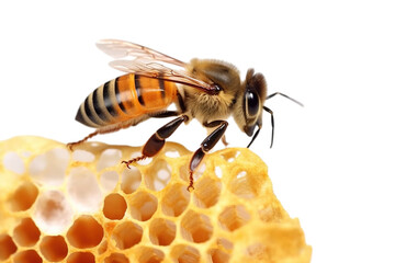 A bee sits on a honeycomb - a jar of honey isolated background