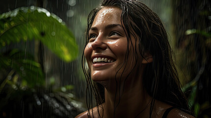 Image of positive young woman smiling during rain in tropical forest. Cheerful female enjoying the rain outdoors. Generative AI