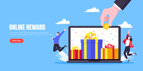 Get online reward and gifts, earn loyalty program points. Get loyalty card and customer service business concept flat design vector illustration. Tiny people with big gift boxes.