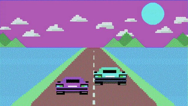 Retro 8-Bit Animation of Retro Racing Video Game - Vintage Looks - Loop Ready