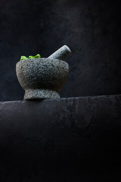 Studio shot of basil in stone mortar