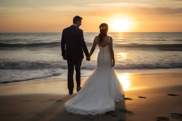 Fototapeta na wymiar Wedding couple on their wedding day, holding hands and walking along the beach at sunset. Generative by ai