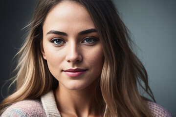 Fototapeta premium Portrait of smiling happy woman, wearing in a white sweater. Generative AI
