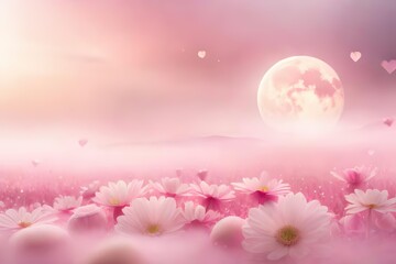 Surreale Landschaft in softfarbenen Rosatönen, rosa Blumen im Vordergrund, großer Vollmond im Hintergrund - obrazy, fototapety, plakaty