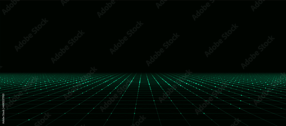 Poster vector green perspective grid on dark background. dots connected by lines. digital cyberspace. netwo