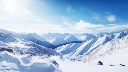 a mountain landscape covered in fresh snow, with a bright blue sky in the background. generative ai.