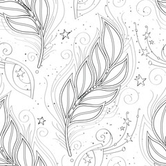Seamless Aesthetic Pattern with Mystical Cosmic Feather on White. Aesthetic Object with Oriental Stylization. Futuristic Dreaming Concept. Vector Contour Illustration. Coloring Book Page