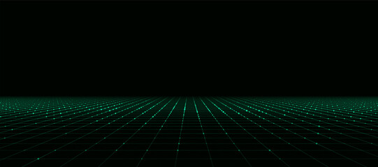 Vector green perspective grid on dark background. Dots connected by lines. Digital cyberspace. Network connection structure. Vector illustration for website.