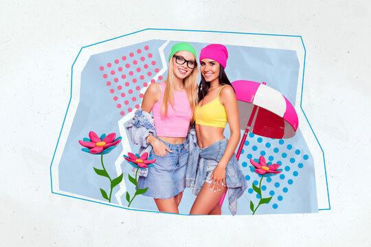 Collage 3d pinup pop retro sketch image of smiling funky ladies enjoying summer picnic isolated painting background