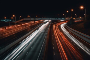 Nighttime highway with blurred car lights. Generative AI