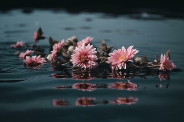 Pink flowers resting on water surface. Generative AI