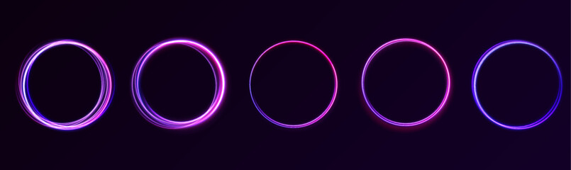 Curve light effect of pink line. Luminous pink circle. Energy flow tunnel. Blue portal, platform. Abstract ring background with glowing swirling background.