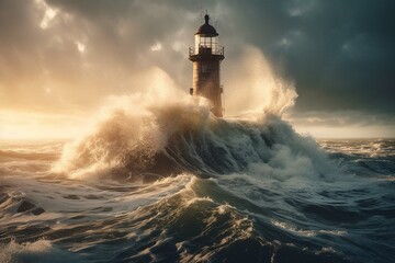 Fototapeta na wymiar Acrylic oil painting of fierce ocean waves crashing onto a lighthouse in the sea. Generative AI
