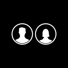  Man head silhouette, Woman head silhouette. Male and female avatar profile icon isolated on black background