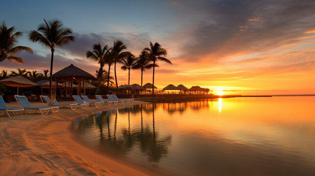 A serene coastal scene at sunrise, with the calm ocean waters reflecting a pastel-colored sky. The sandy beach is dotted with beach umbrellas, and palm trees. generative ai.