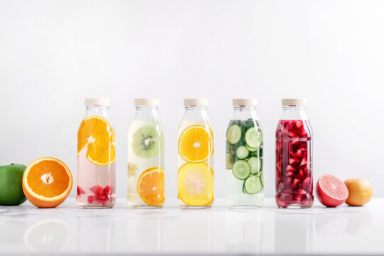 Fitness drink infused with citrus fruits and cucumber in pure water for body cleansing and a healthy lifestyle. Bottles with detox lemonade for weight loss. AI generated.