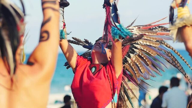 Mexican indigenous woman making ritual for tourists at Quintana Roo-Slow motion