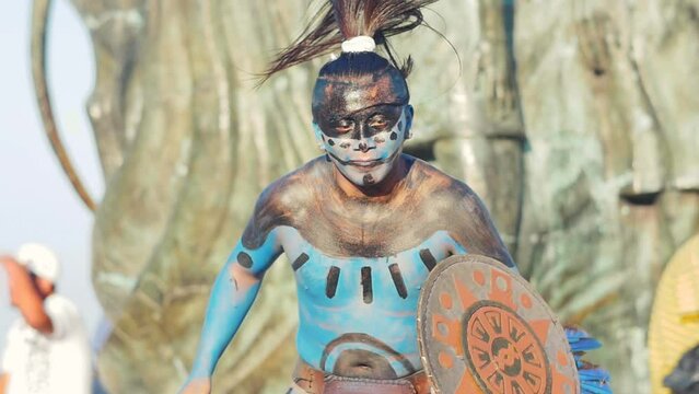 Mexican indigenous dancing for tourists in at Quintana Roo- Cancun,Mexico