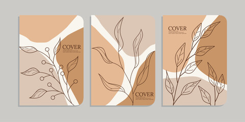 set of notebook cover designs with hand drawn floral decorations. abstract retro botanical shapes background. A4 size For notebooks, diaries, catalogs, brochures, planners, books.