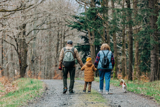 Boy with grandparents and dog walking on footpath in forest