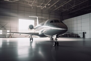 Luxurious private jet parked in hangar after landing. Generative AI