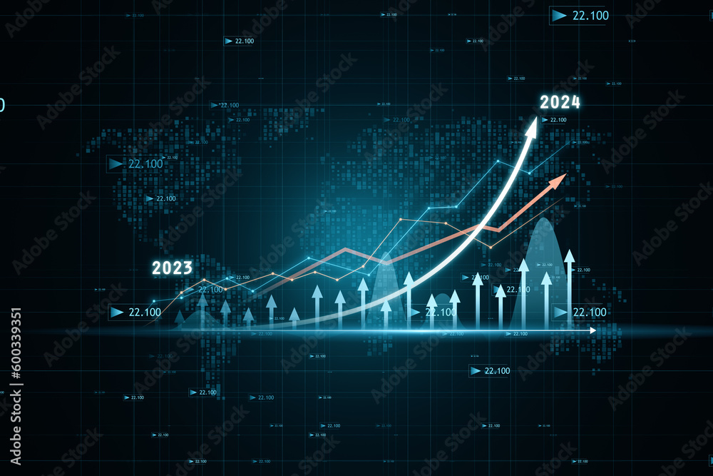 Poster Global stock market and economy growth concept with digital rising up arrow and financial chart candlestick and diagram on dark world map background with indicators. 3D rendering