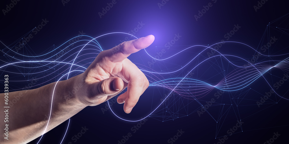 Aufkleber Abstract man hand pointing at polyonal lines on wide dark background. AI and robotics concept.