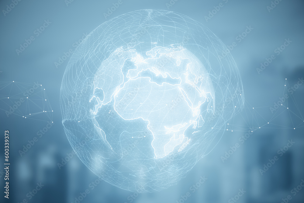 Poster abstract glowing polygonal globe on blurry city background. world map and earth concept. 3d renderin