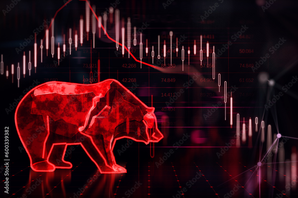 Poster global economy crisis and bearish stock market crash concept with falling down digital red financial