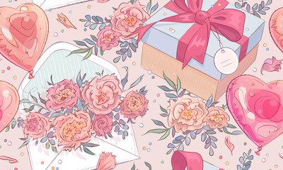 Seamless pattern with hand drawn gift box, envelope, flowers and helium balloons on pink background. Festive elegant backdrop
