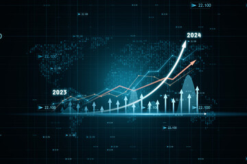 Global stock market and economy growth concept with digital rising up arrow and financial chart candlestick and diagram on dark world map background with indicators. 3D rendering