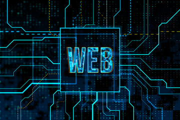 Futuristic internet technologies and virtual communication concept with front view on glowing digital web 3.0 sign on dark background with circuit. 3D rendering