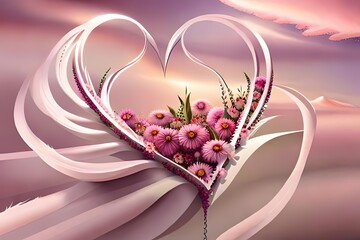 Wunderschöne romantische Illustration mit rosafarbenen Blumen in einem Herz, Soft Farben, verwaschener Hintergrund
