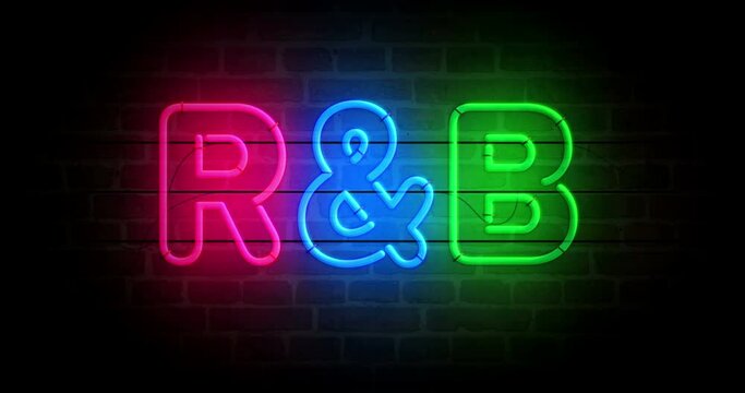 R&B Rhythm and blues neon symbol on brick wall. Entertainment Rhythm and blues music event  light color bulbs. Loopable and seamless abstract concept animation.