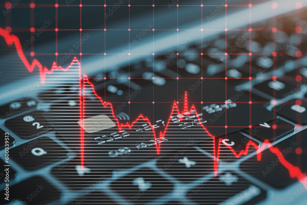 Poster close up of laptop keyboard with bank card and falling red business graph grid on blurry background.