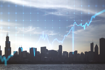 Glowing blue business graph on blurry city background. Finance, trade and success concept. Double exposure.