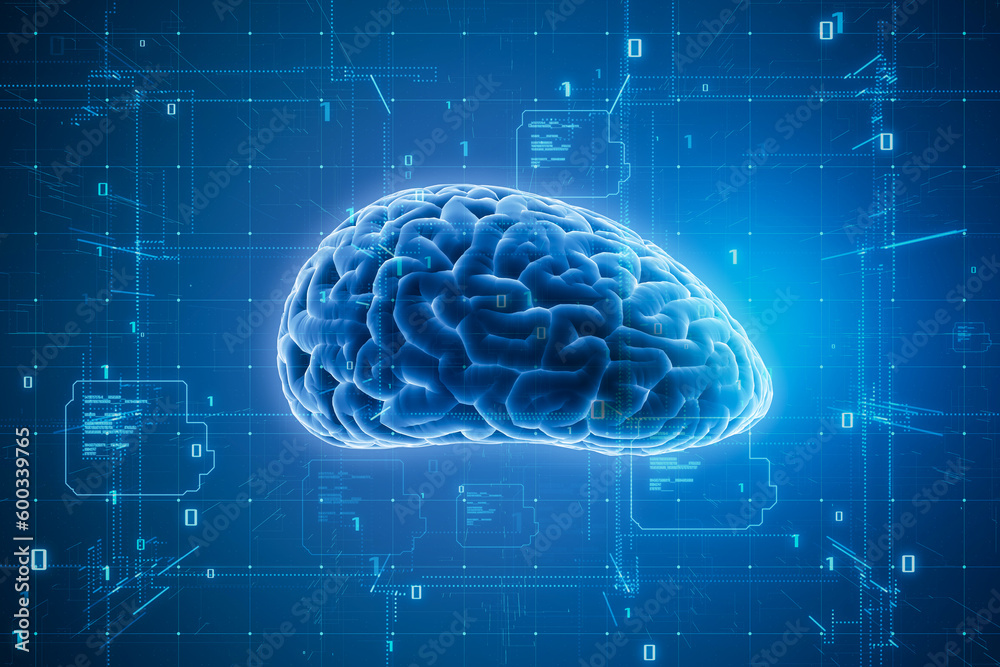 Poster science, research, artificial intelligence and technology digital interface concept with blue glowin