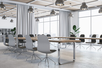 Modern meeting room interior with curtain partitions, furniture and window with city view and daylight. 3D Rendering.