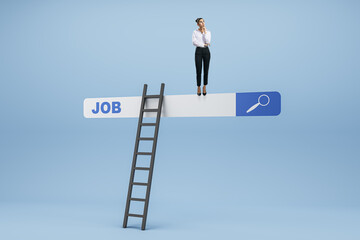 Abstract image of young businesswoman with ladder looking for a job with search bar on blue background. Job hunt concept.