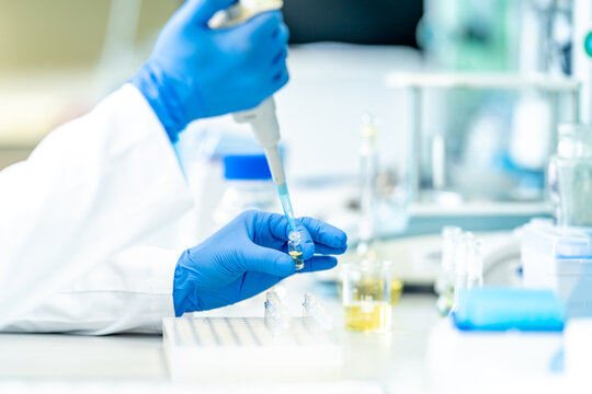 pipetting of chemical samples during research in a biochemical scientific laboratory