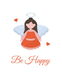 Be Happy card with cute baby angel. Vector illustration in cartoon style.
